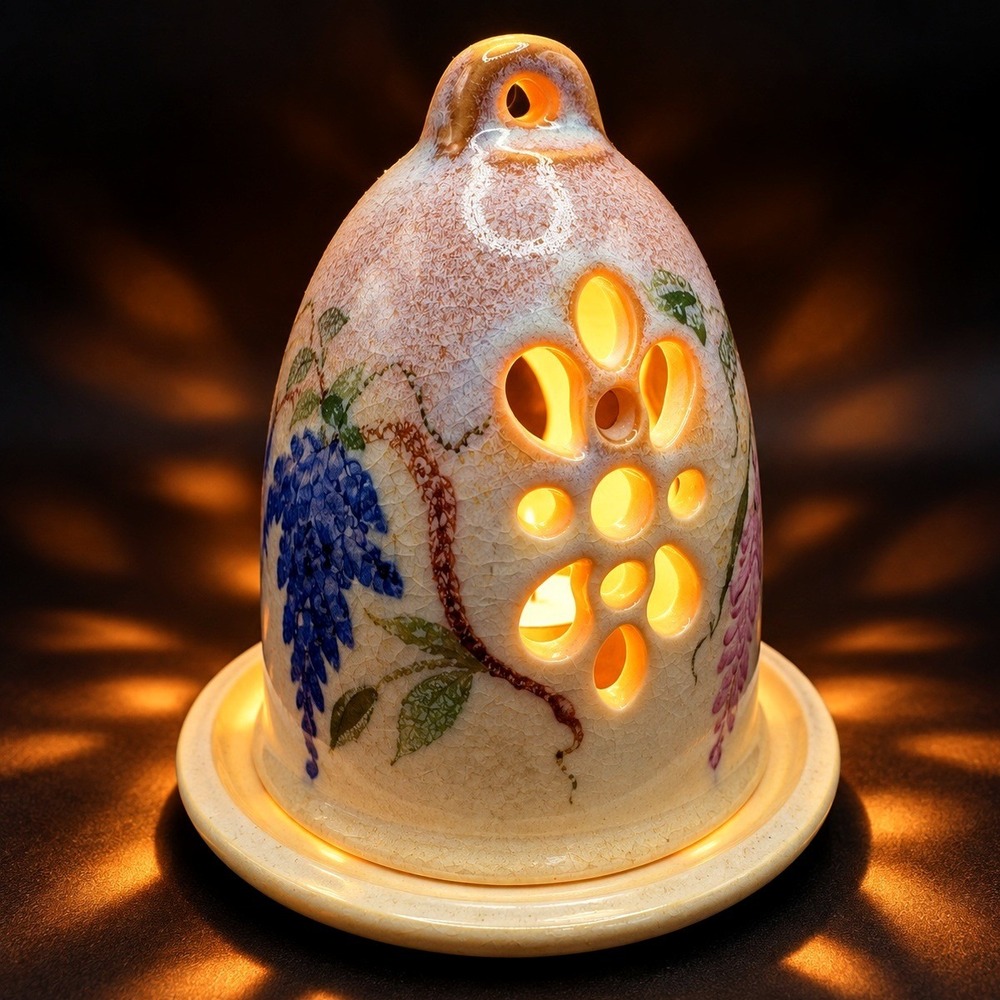Vintage Ceramic Fairy Lamp Wisteria Floral Crackle Glaze Candle Holder Pierced